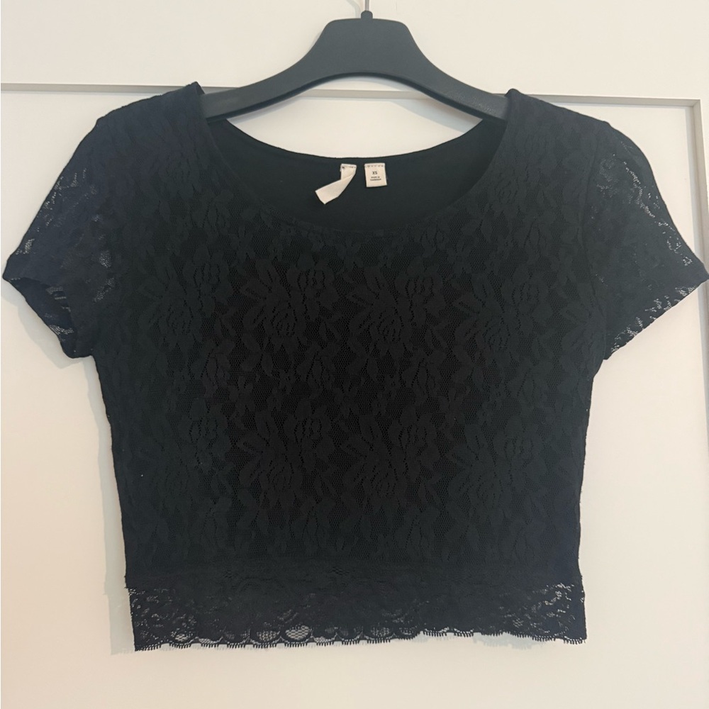 Frenchi Black Lace Short Sleeve Crop Top